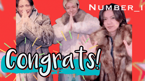 a congratulations poster with three people in fur coats on a red background