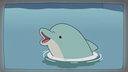 a cartoon of a girl swimming in a pool with a dolphin jumping out of it