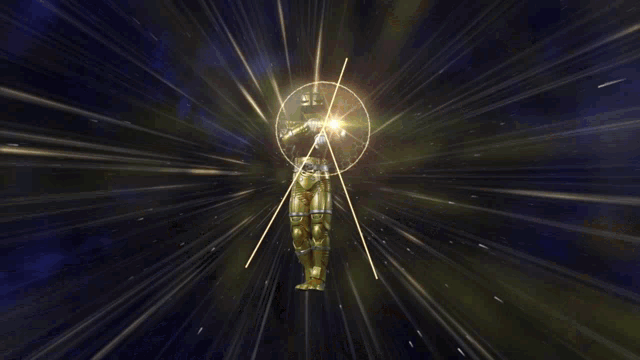 a yellow object with a cross on it is surrounded by glowing lights