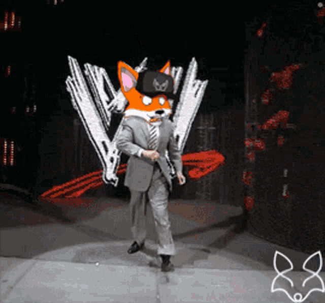 a man in a suit and tie with a fox on his head