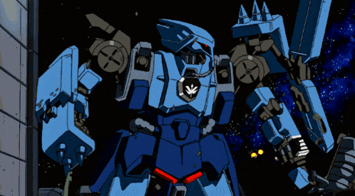 a cartoon drawing of a blue robot with the letter o on the front