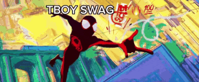 a cartoon of a spiderman flying through the air with the words tboy swag below him