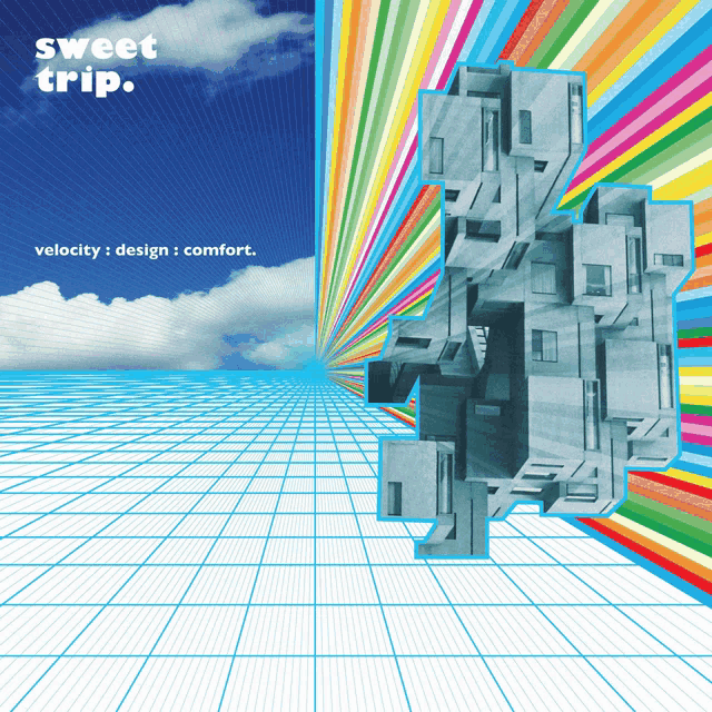 an advertisement for sweet trip shows a rainbow colored building