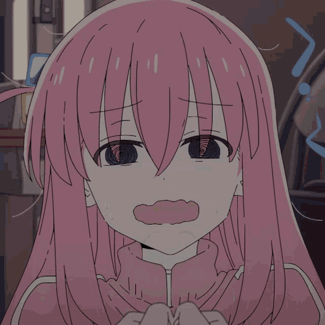 a girl with pink hair and blue eyes is making a sad face