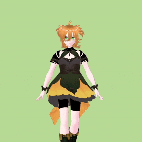 a 3d model of a girl wearing a green and yellow dress