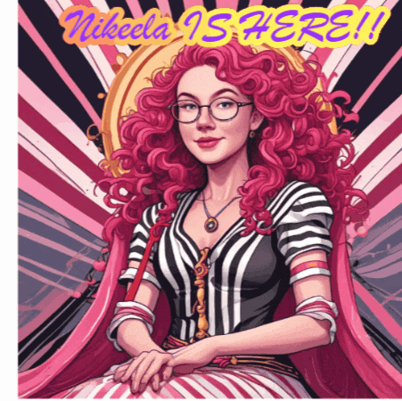 a drawing of a woman with pink hair and the words nikola is here on the bottom