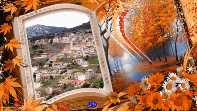 an open book with a picture of a village in the background and the word xd on the bottom right