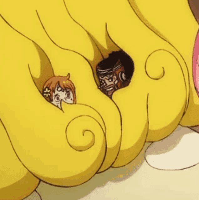 a man and a woman are peeking out of a hole in a yellow object ..