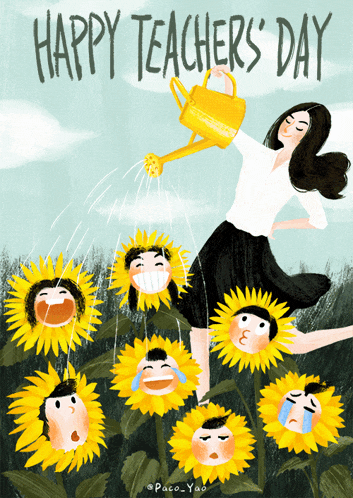 an illustration of a woman watering sunflowers with the words happy teachers day on the bottom