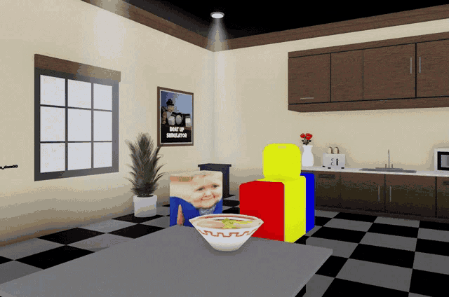 a room with a bowl of soup and a poster that says " want to simulator "