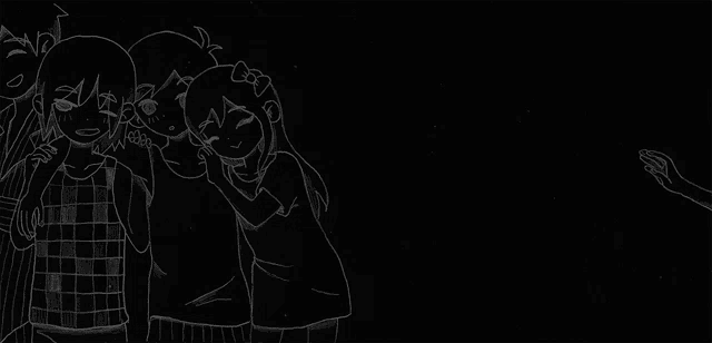 a black and white drawing of three girls hugging each other on a black background .