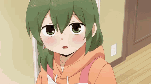 a girl with green hair and a pink apron