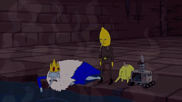 a cartoon of ice king standing next to a blue shark