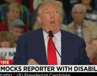 a man in a suit and red tie is speaking into a microphone with a headline that says mock reporter with disability