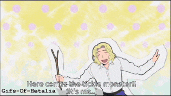 a cartoon of a man laughing and saying here comes the ticklish monster