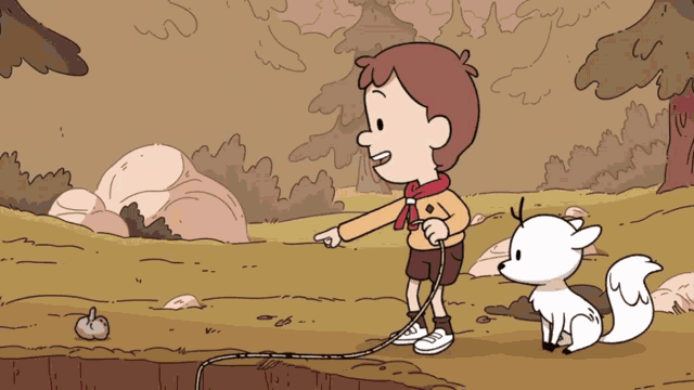 a cartoon of a boy walking a dog with the words that 's a cool rock whimpers