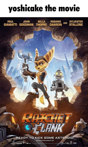 a movie poster for ratchet clank shows two robots