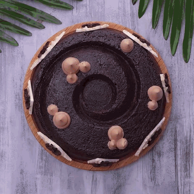 a chocolate cake on a wooden cutting board with a circle in the middle
