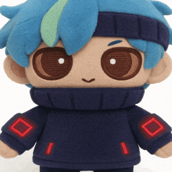 a stuffed animal with blue hair and a blue sweater with red squares on the sleeves