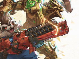 a man with a beard is holding a gun in front of a monster