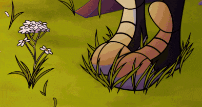 a close up of a cartoon character 's feet standing in the grass .