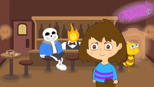 a cartoon of a girl standing in front of a sign that says " grillby 's "