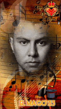 a man 's face is surrounded by music notes and the words el mago 33
