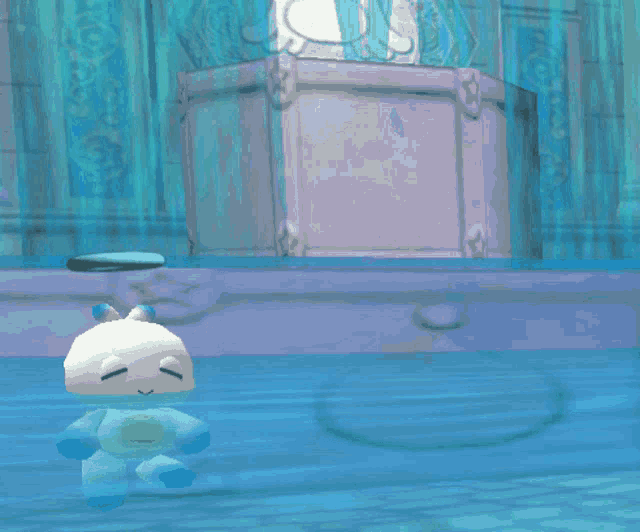 a cartoon character is floating in a pool of water with a box in the background