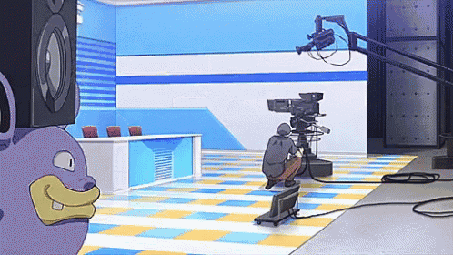 a man is kneeling in front of a camera in a room with a purple monster in the background