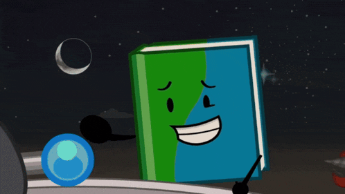 a cartoon drawing of a green and blue object with a cannon