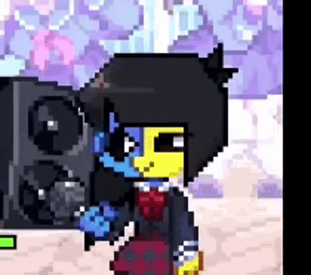 a pixel art drawing of a girl standing in front of a speaker .
