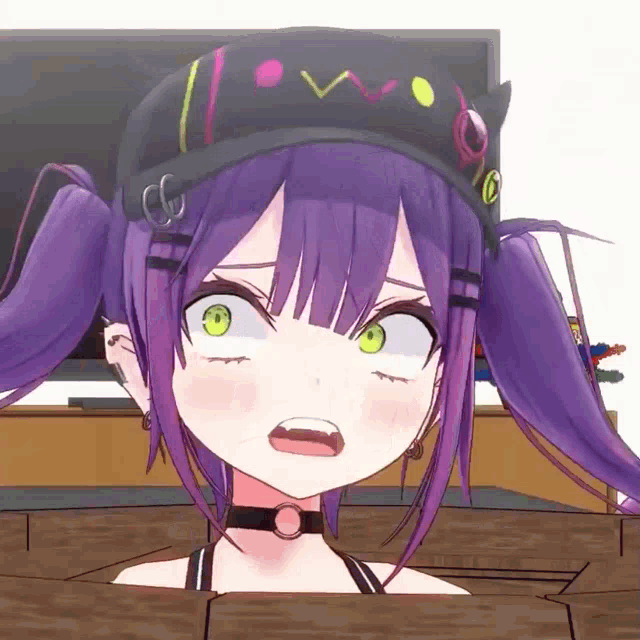a girl with purple hair and green eyes is wearing a hat with the letter w on it