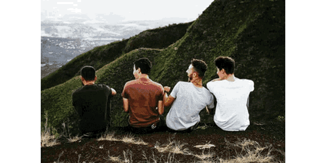 four men are sitting on top of a hill looking out over a valley
