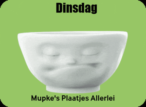 a picture of a white bowl with a face and the words dinsdag mupke 's plaatjes allerlei below it