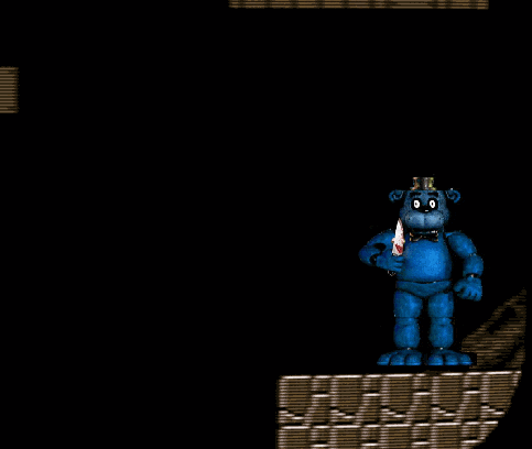 a blue teddy bear is standing in front of a wall with a picture of a man behind it