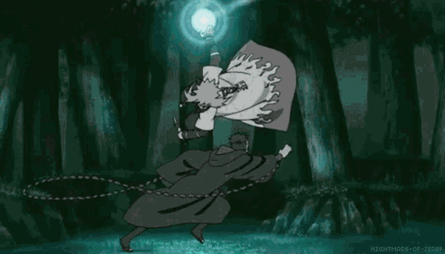 a person is flying through the air with a sword in their hand and a green light behind them .