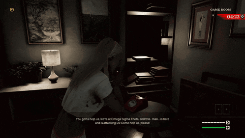 a screenshot of a video game shows a woman standing in a game room
