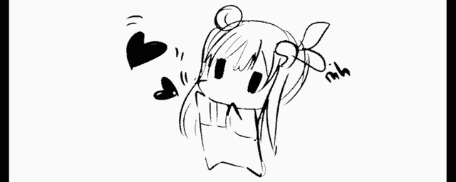 a black and white drawing of a girl with hearts coming out of her eyes