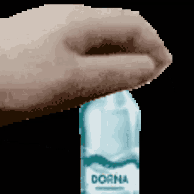 a pixelated image of a hand holding a bottle of dorna