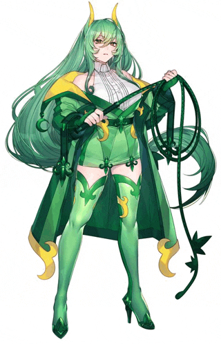 a girl with green hair is holding a whip