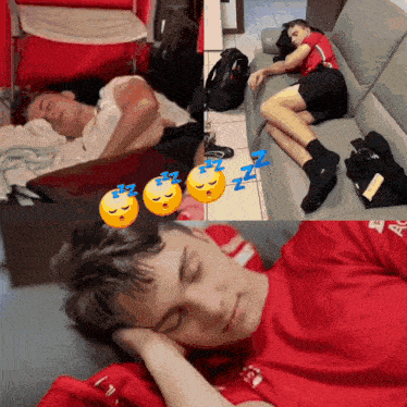 a man in a red adidas shirt is sleeping