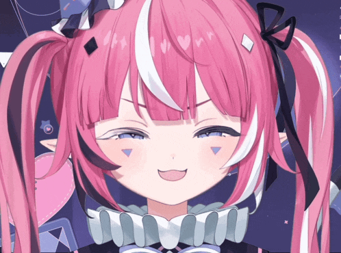 a close up of a pink haired anime character with a bow in her hair