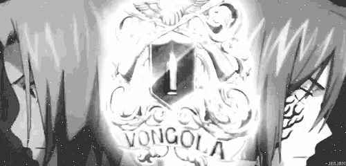 a black and white drawing of a person with the word vongola on the bottom