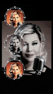a woman with blonde hair is holding a microphone in a black and white photo