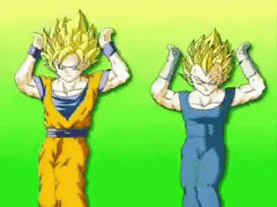 goku and vegeta are flexing their muscles in a cartoon .