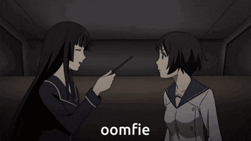 a girl with a stick in her mouth and the word oomfie on the bottom