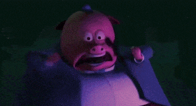 a cartoon character is standing in front of a vending machine that says ' e ' on it .