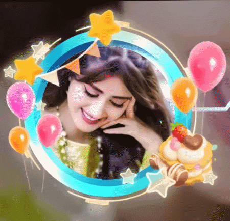 a picture of a woman surrounded by balloons and a cake