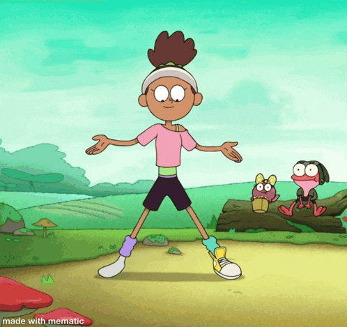 a cartoon of a girl standing in a field with a frog sitting on a log in the background