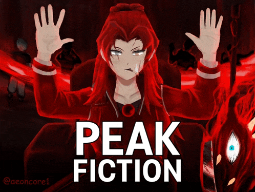 a drawing of a woman with red hair and the words peak fiction on the bottom